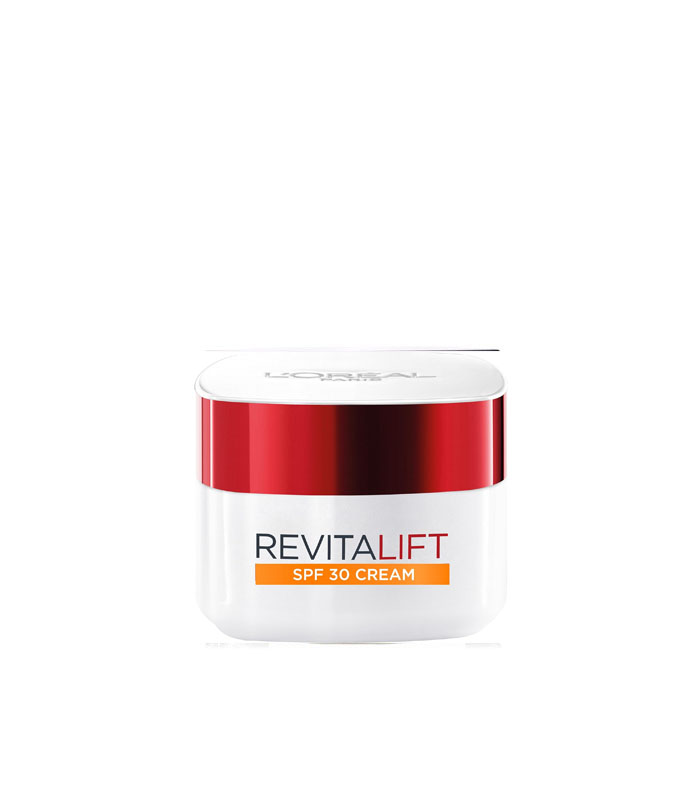L'Oreal Paris SPF30 Day Cream, Hydrating SPF30 Face Moistruiser1 کرم روز لورآل رویتالیفت کلاسیک SPF 30 در ظرف سفید با در قرمز